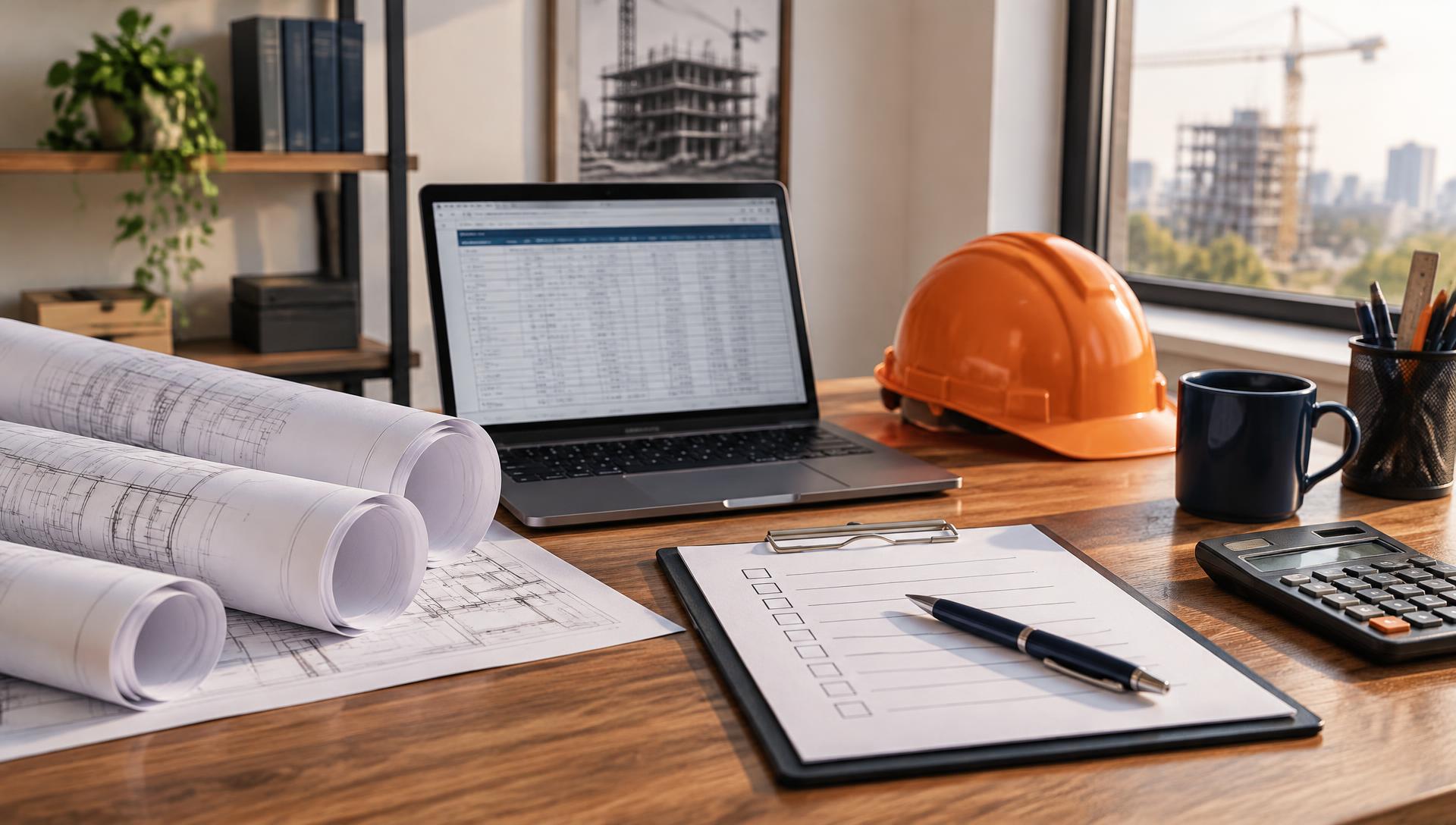 AdminTee project administration desk with plans, clipboard and hard hat